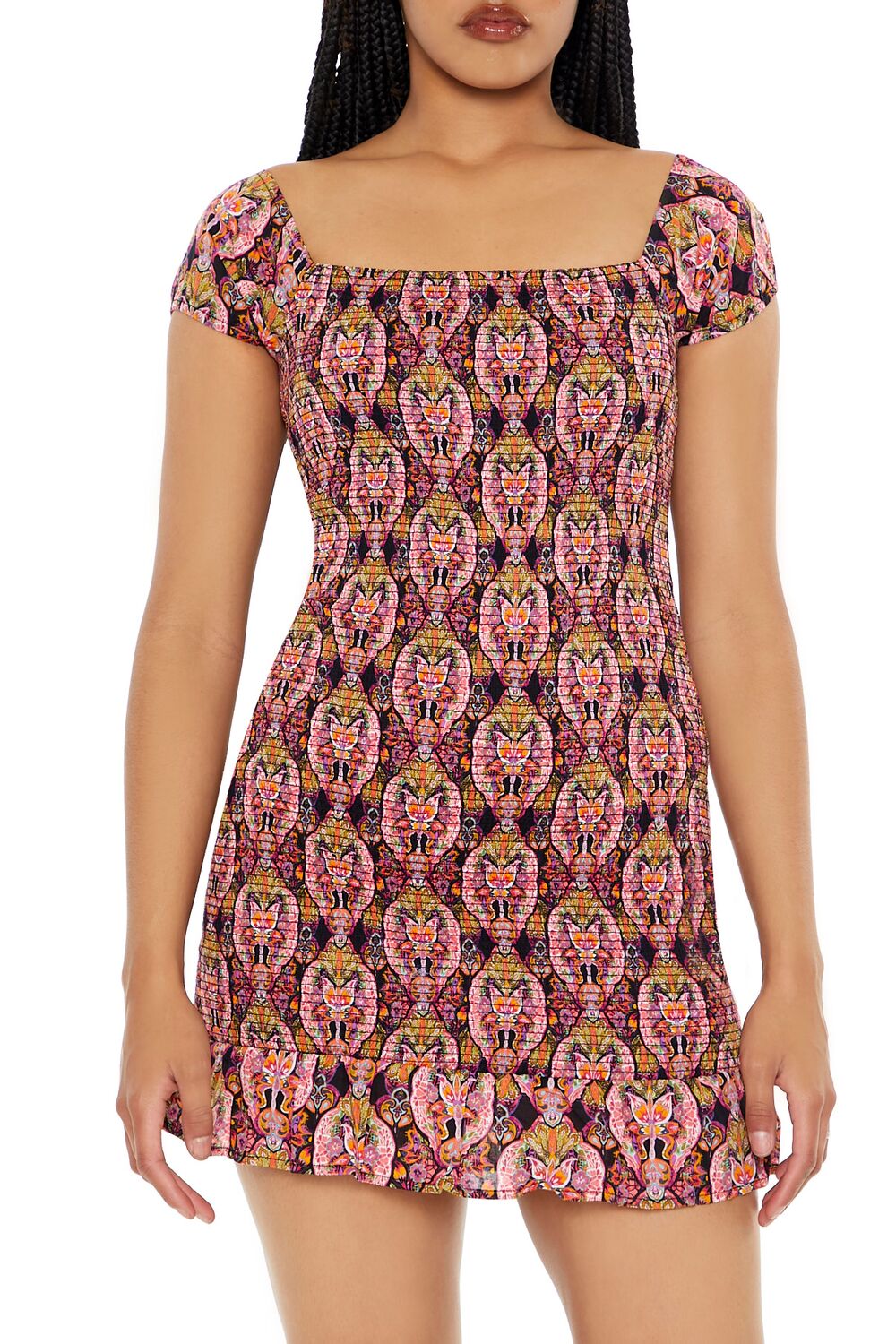  Forever 21 Smocked Ornate Print Mini Dress - white-multi - Bonton