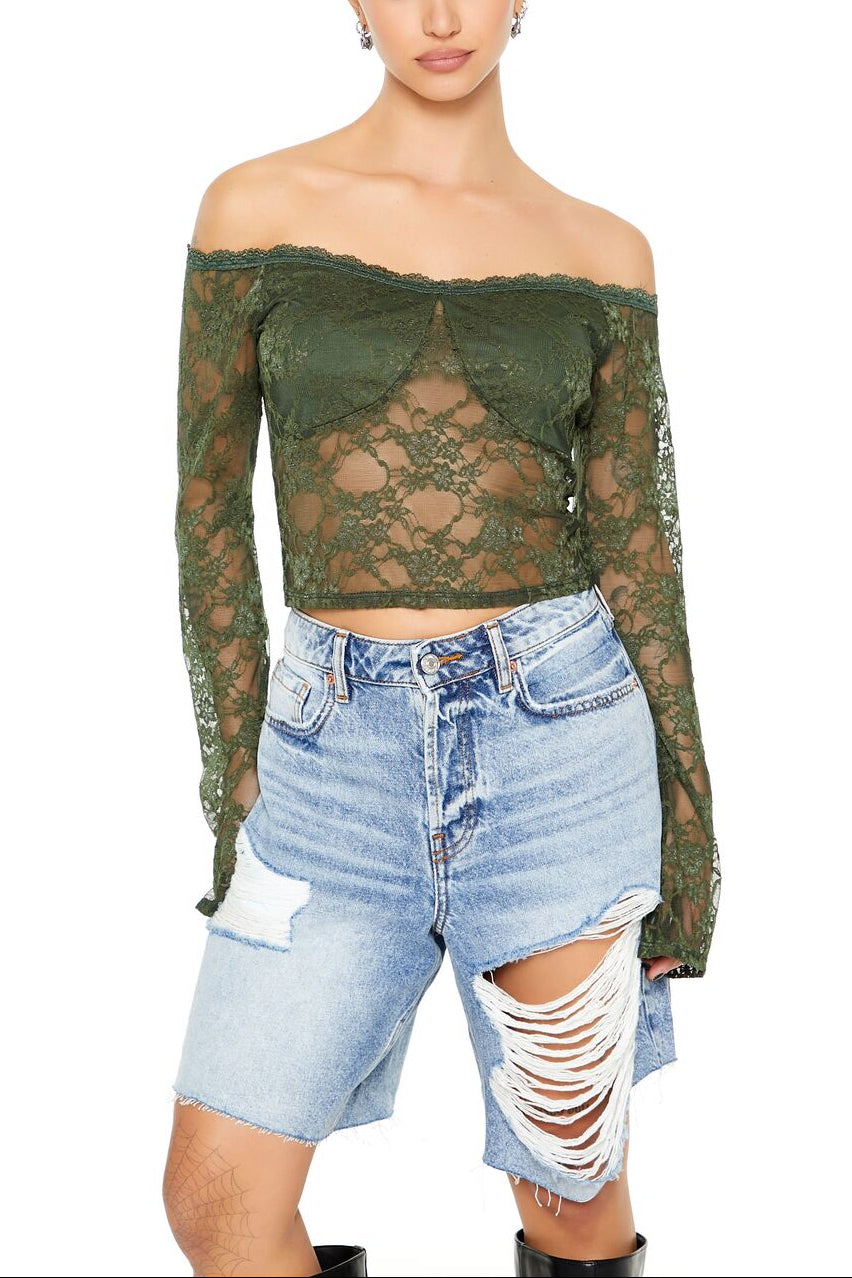  Forever 21 Sheer Lace Off-the-Shoulder Top - cream - Bonton