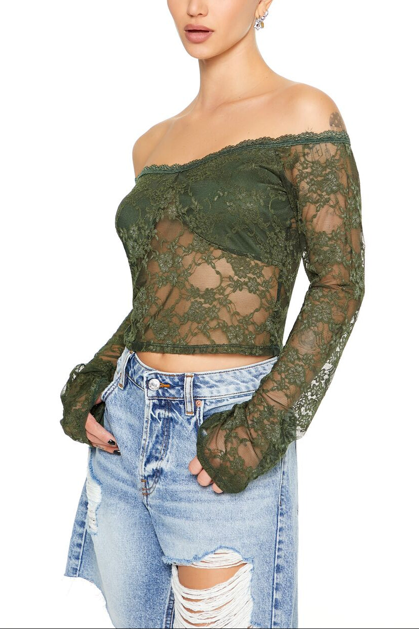  Forever 21 Sheer Lace Off-the-Shoulder Top - cream - Bonton