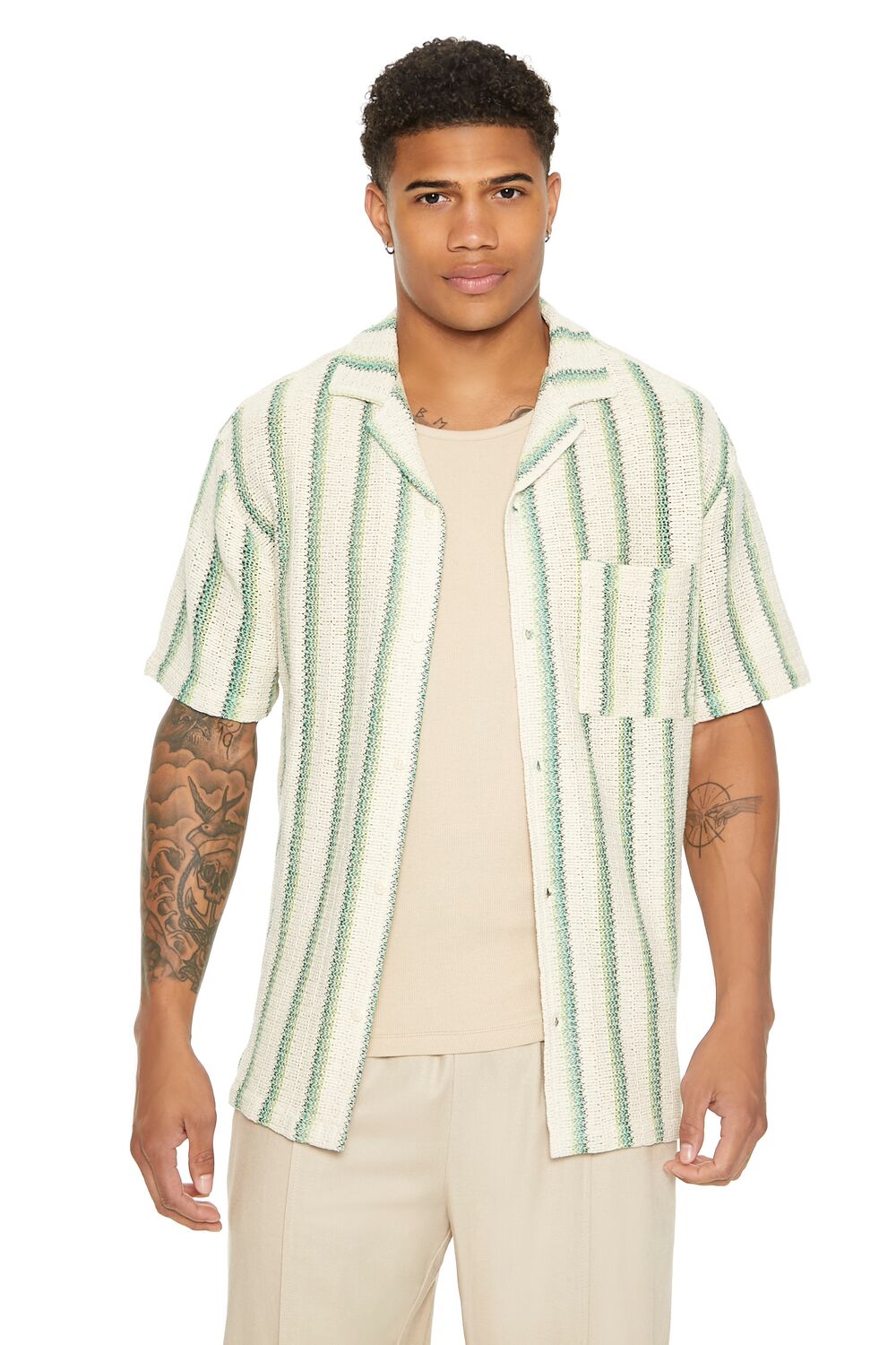  Forever 21 Striped Patch Pocket Shirt - cream multi - Bonton