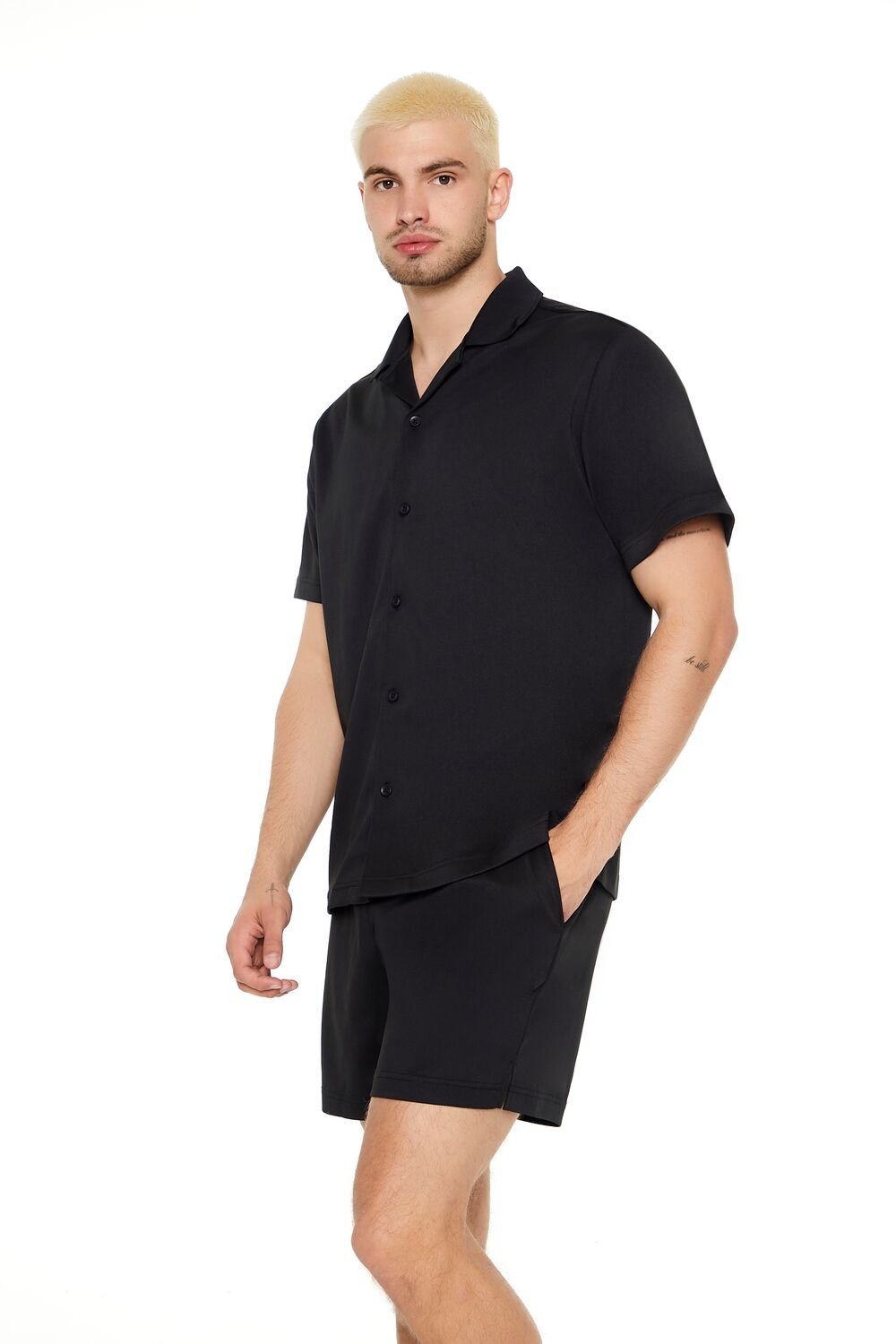  Forever 21 Cuban Collar Button-Up Shirt - black - Bonton