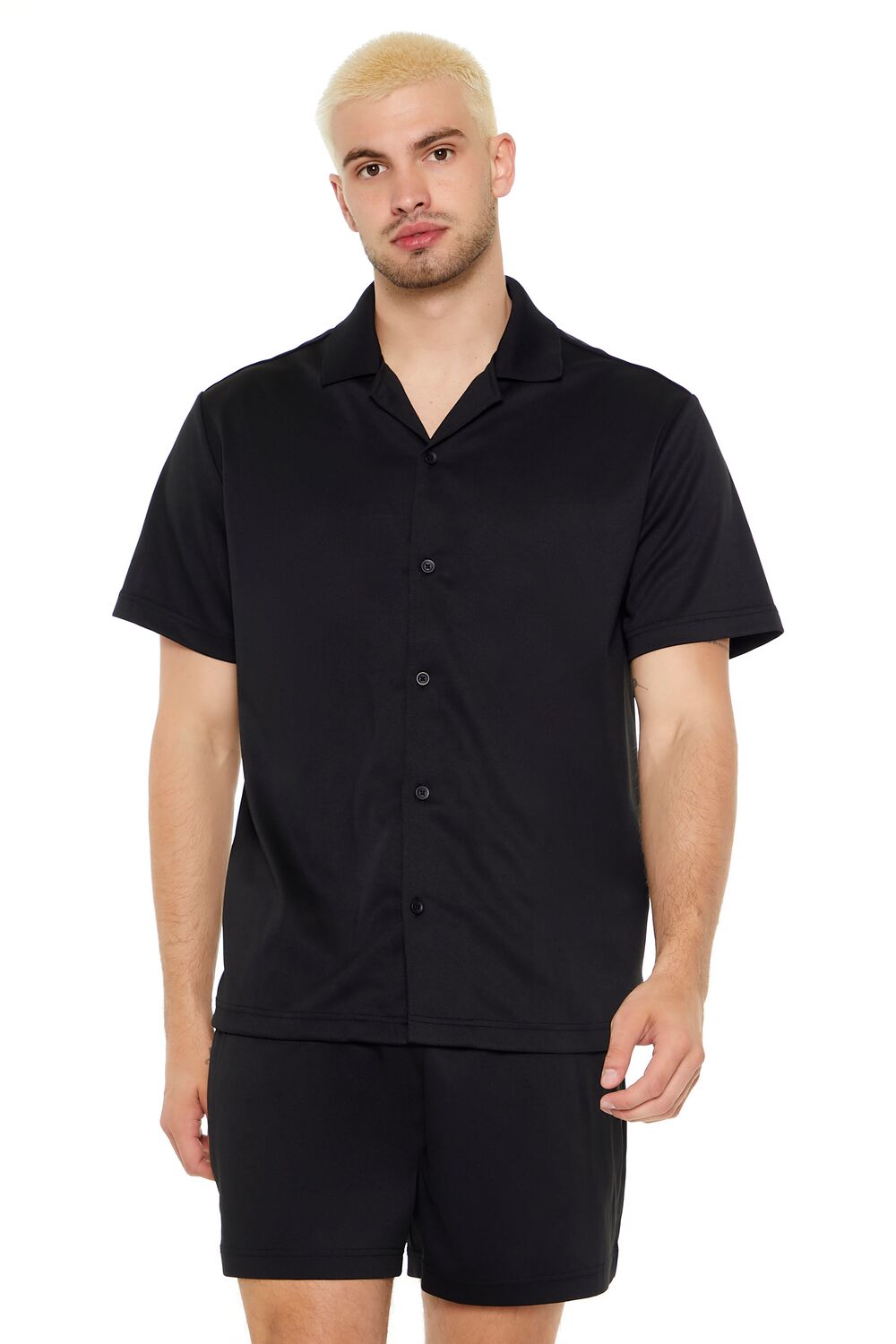  Forever 21 Cuban Collar Button-Up Shirt - black - Bonton