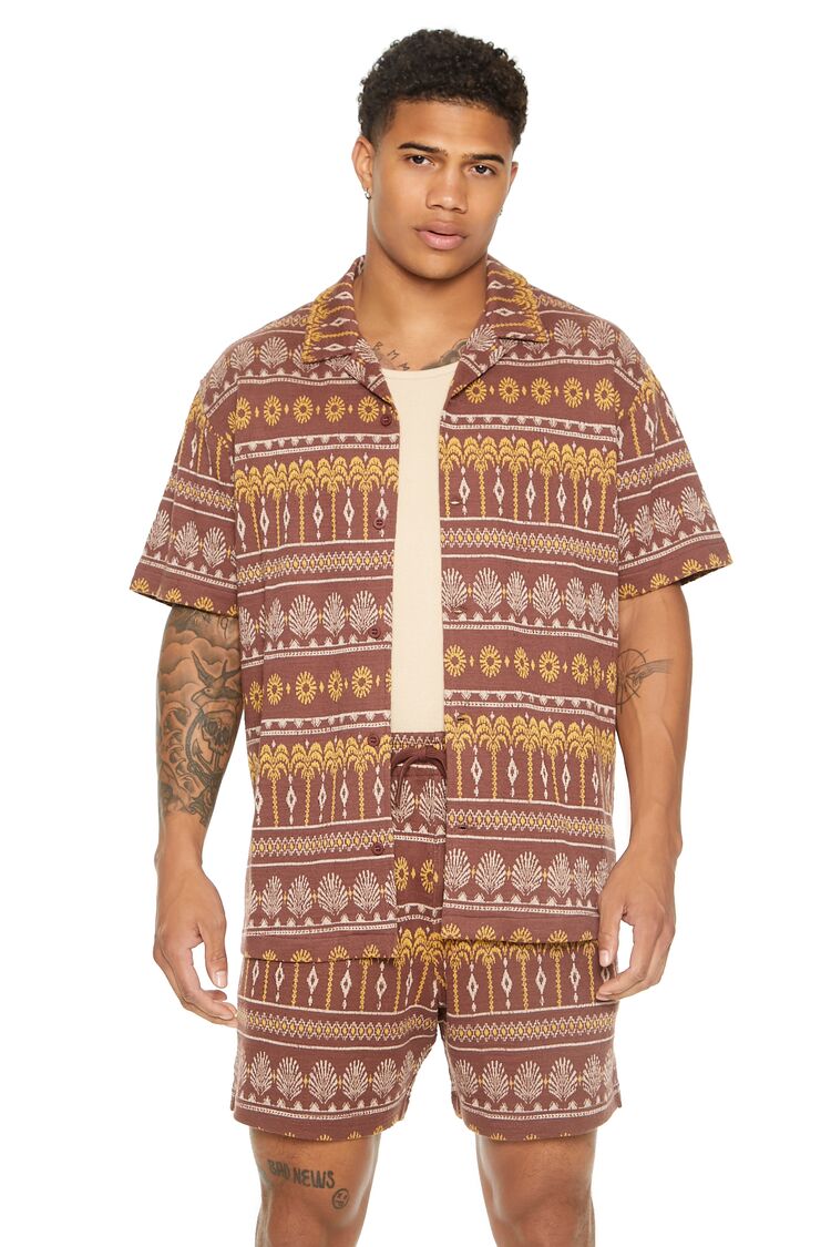  Forever 21 Geo Print Cuban-Collar Shirt - chocolate multi - Bonton