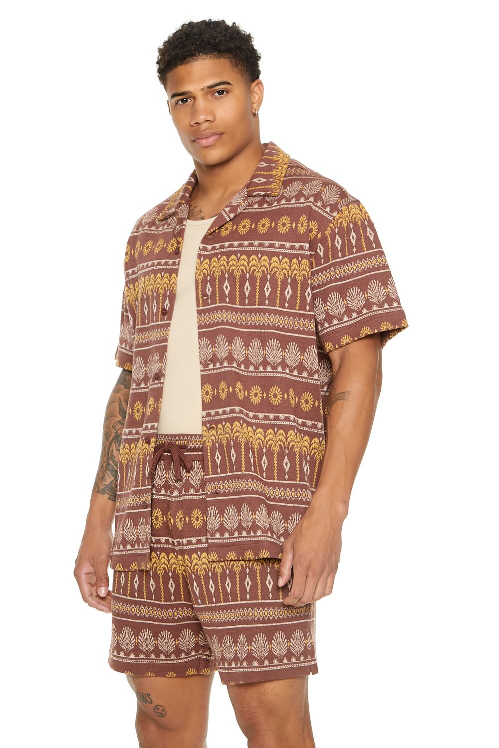  Forever 21 Geo Print Cuban-Collar Shirt - chocolate multi - Bonton