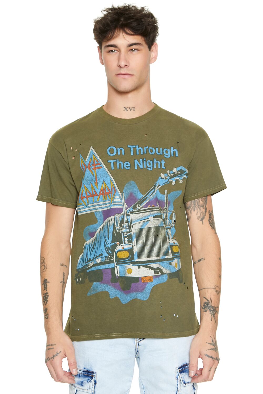  Forever 21 Distressed Def Leppard Graphic Tee - olive multi - Bonton