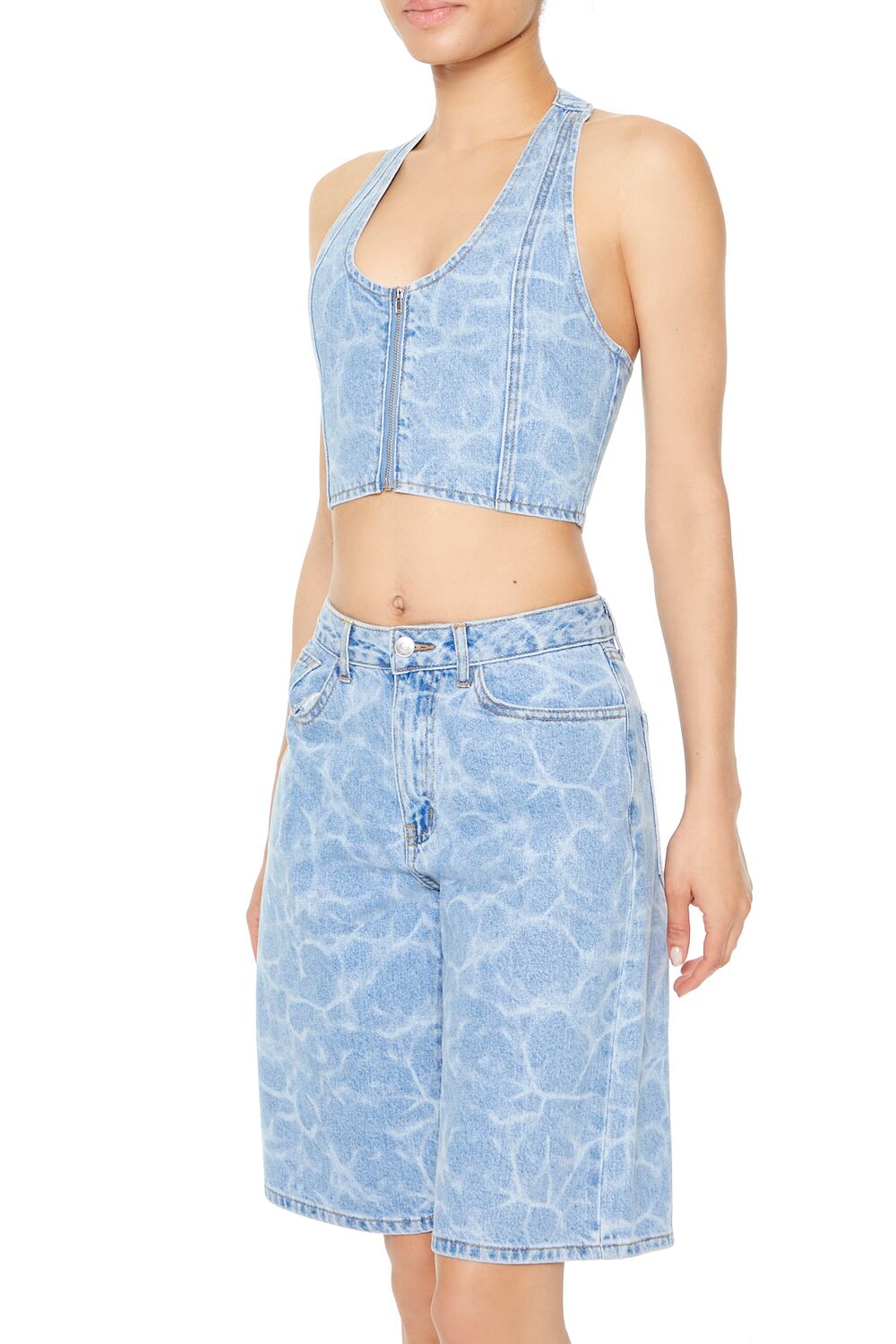  Forever 21 Water Print Halter Crop Top - medium denim - Bonton