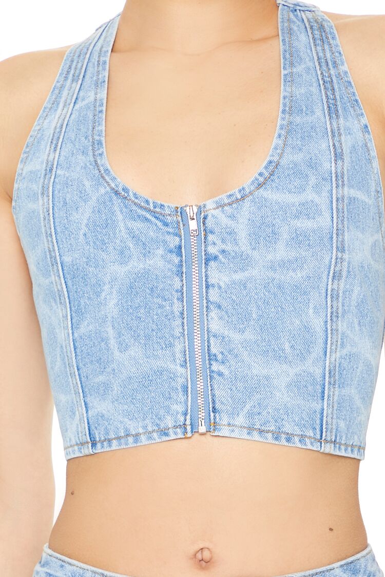  Forever 21 Water Print Halter Crop Top - medium denim - Bonton