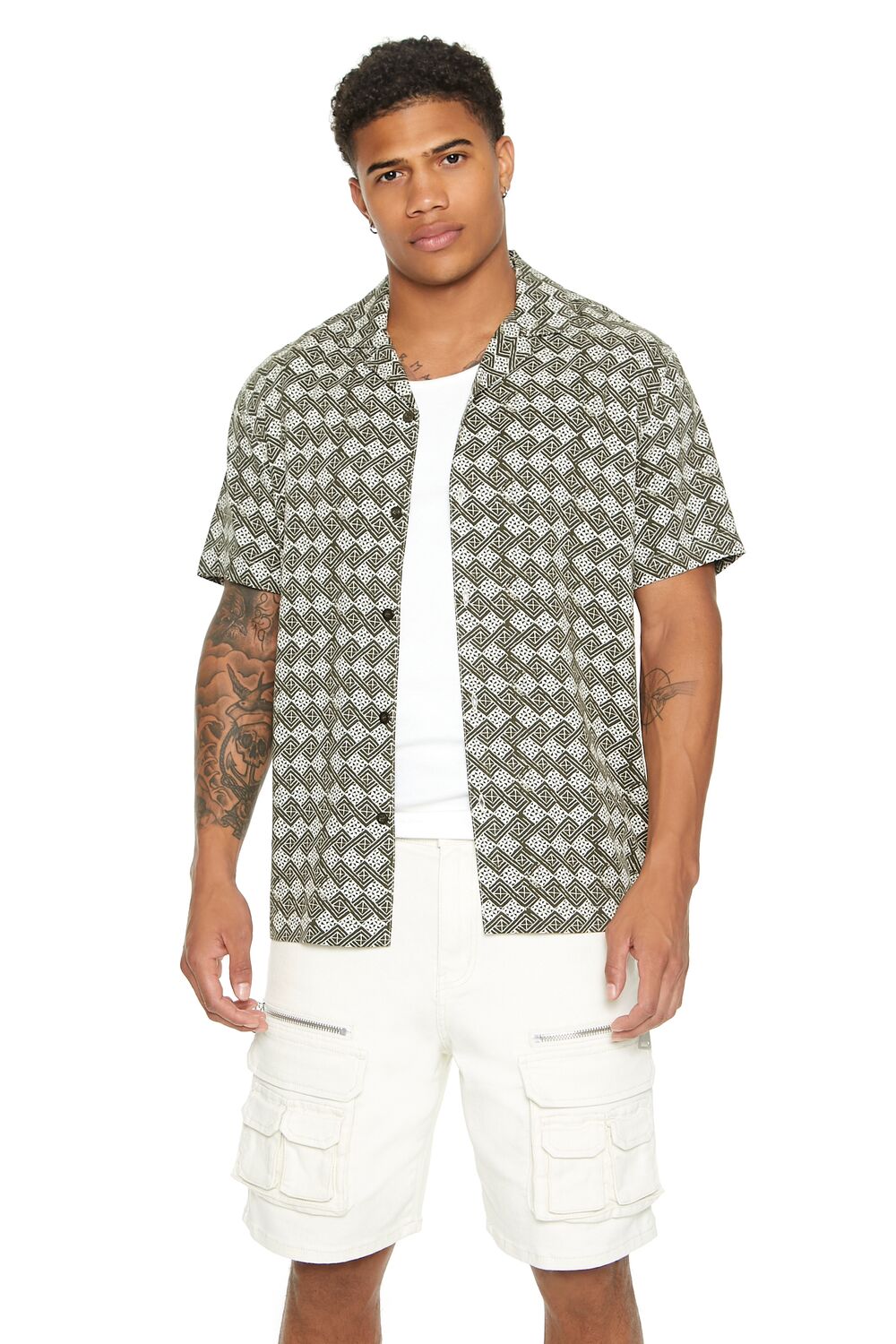  Forever 21 Geo Print Cuban-Collar Shirt - olive cream - Bonton