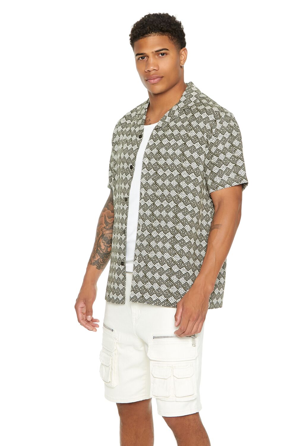  Forever 21 Geo Print Cuban-Collar Shirt - olive cream - Bonton