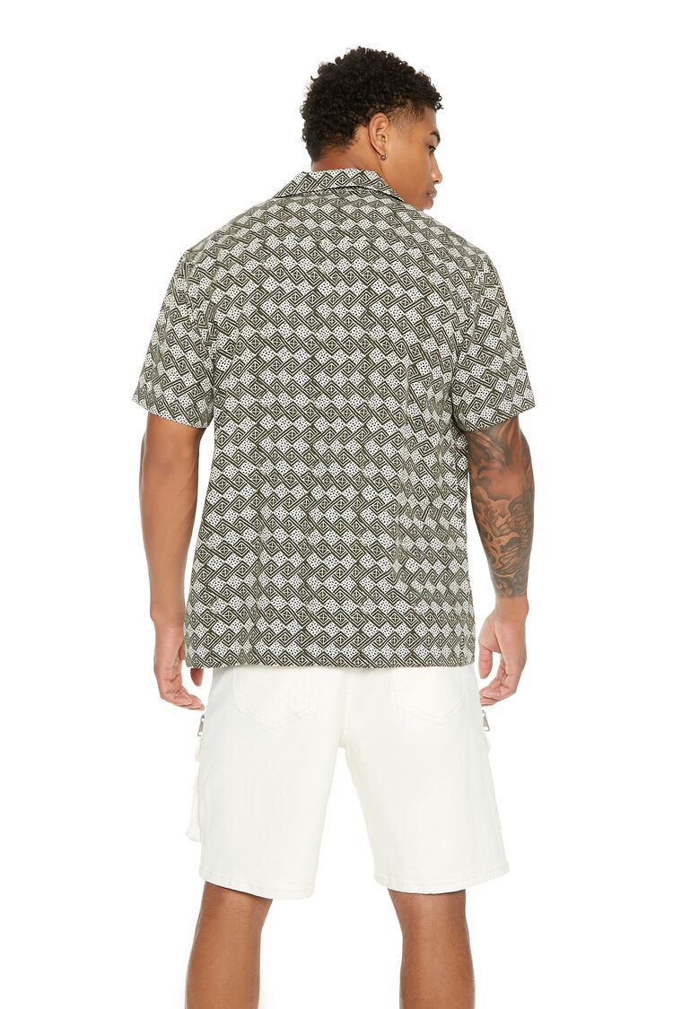  Forever 21 Geo Print Cuban-Collar Shirt - olive cream - Bonton