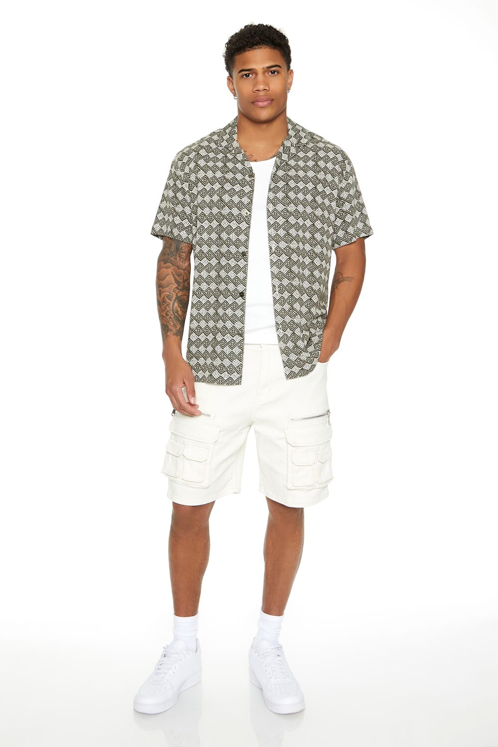  Forever 21 Geo Print Cuban-Collar Shirt - olive cream - Bonton