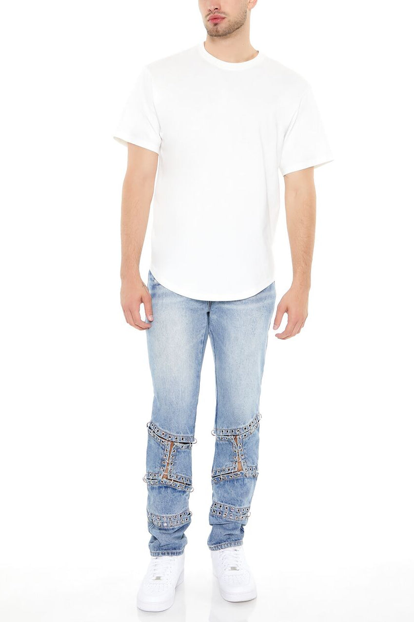 Forever 21 Grommet Cutout Slim-Fit Jeans - medium-denim - Bonton
