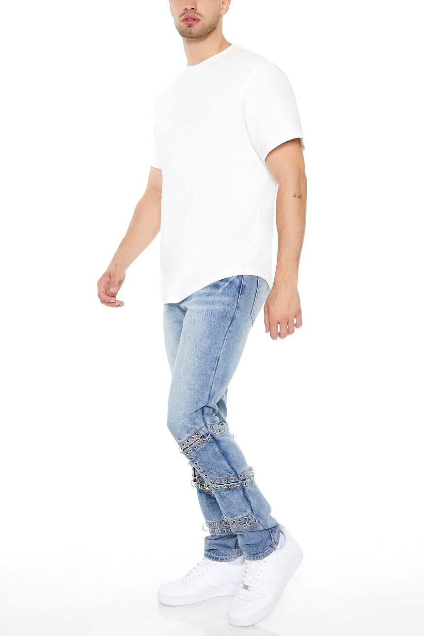  Forever 21 Grommet Cutout Slim-Fit Jeans - medium-denim - Bonton