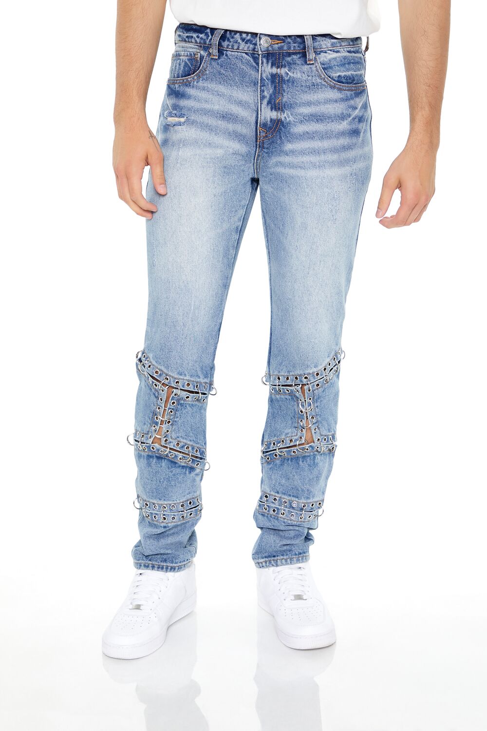  Forever 21 Grommet Cutout Slim-Fit Jeans - medium-denim - Bonton