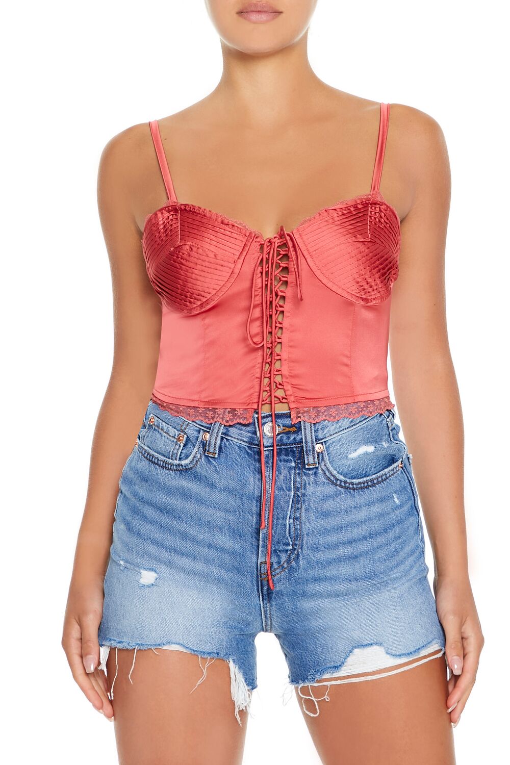  Forever 21 Satin Lace-Up Bustier Cami - faded rose - Bonton