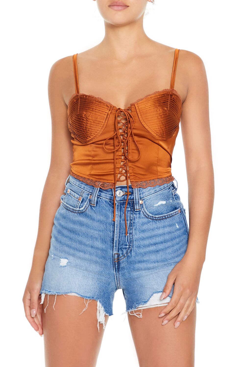  Forever 21 Satin Lace-Up Bustier Cami - faded rose - Bonton