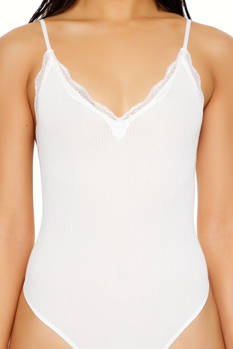  Forever 21 Seamless Lace-Trim Thong Bodysuit - white - Bonton