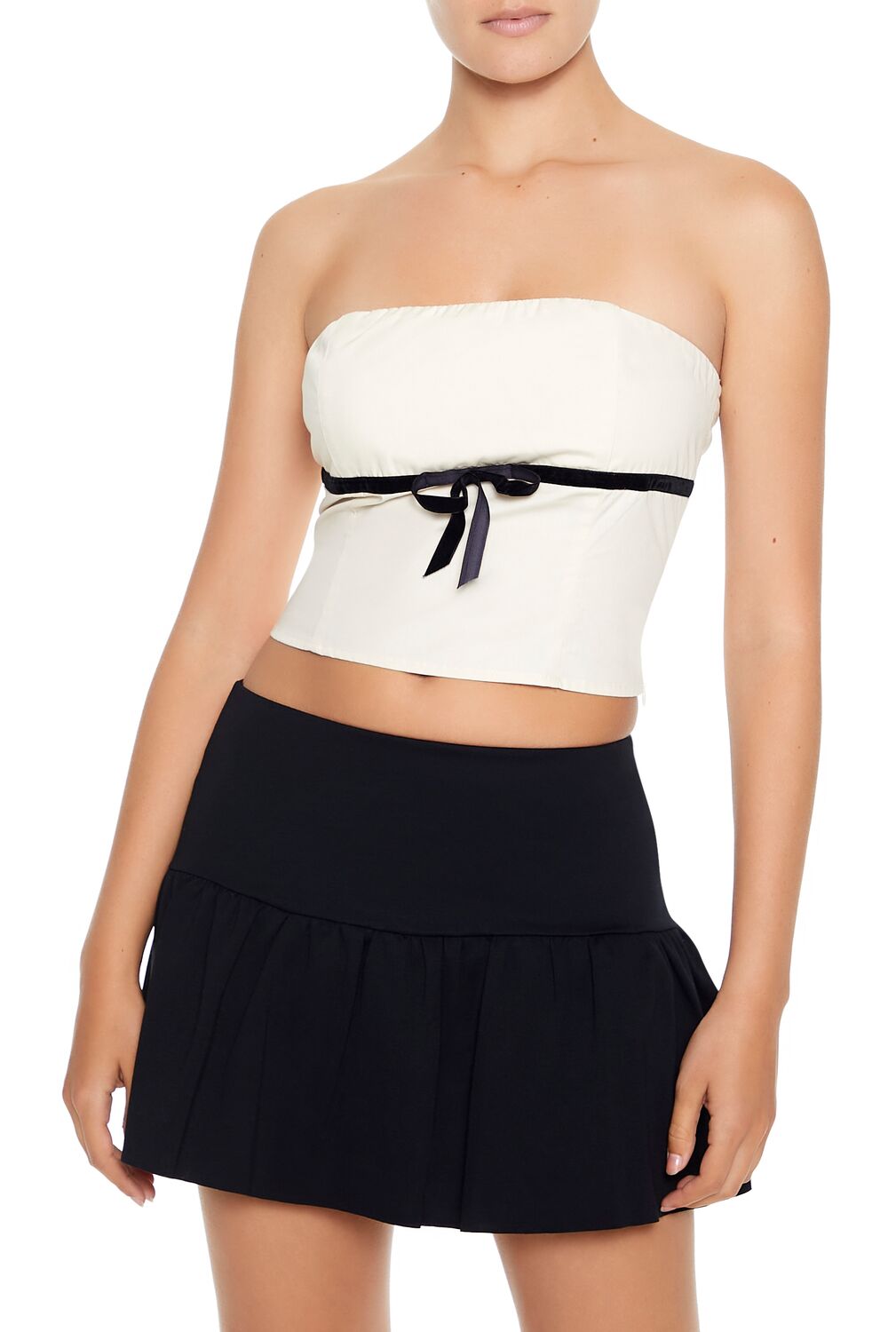  Forever 21 Bow Cropped Tube Top - cream black - Bonton