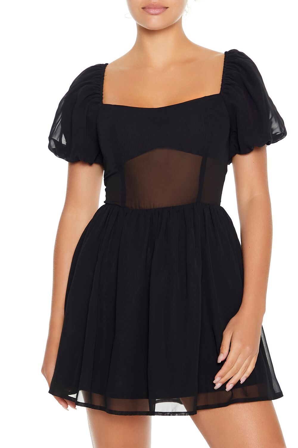  Forever 21 Puff-Sleeve Babydoll Mini Dress - black-swatch - Bonton