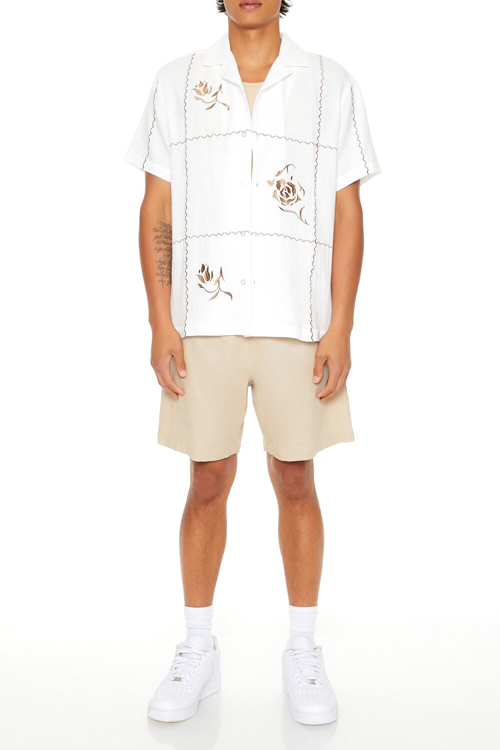  Forever 21 Textured Embroidered Rose Shirt - white coffee - Bonton