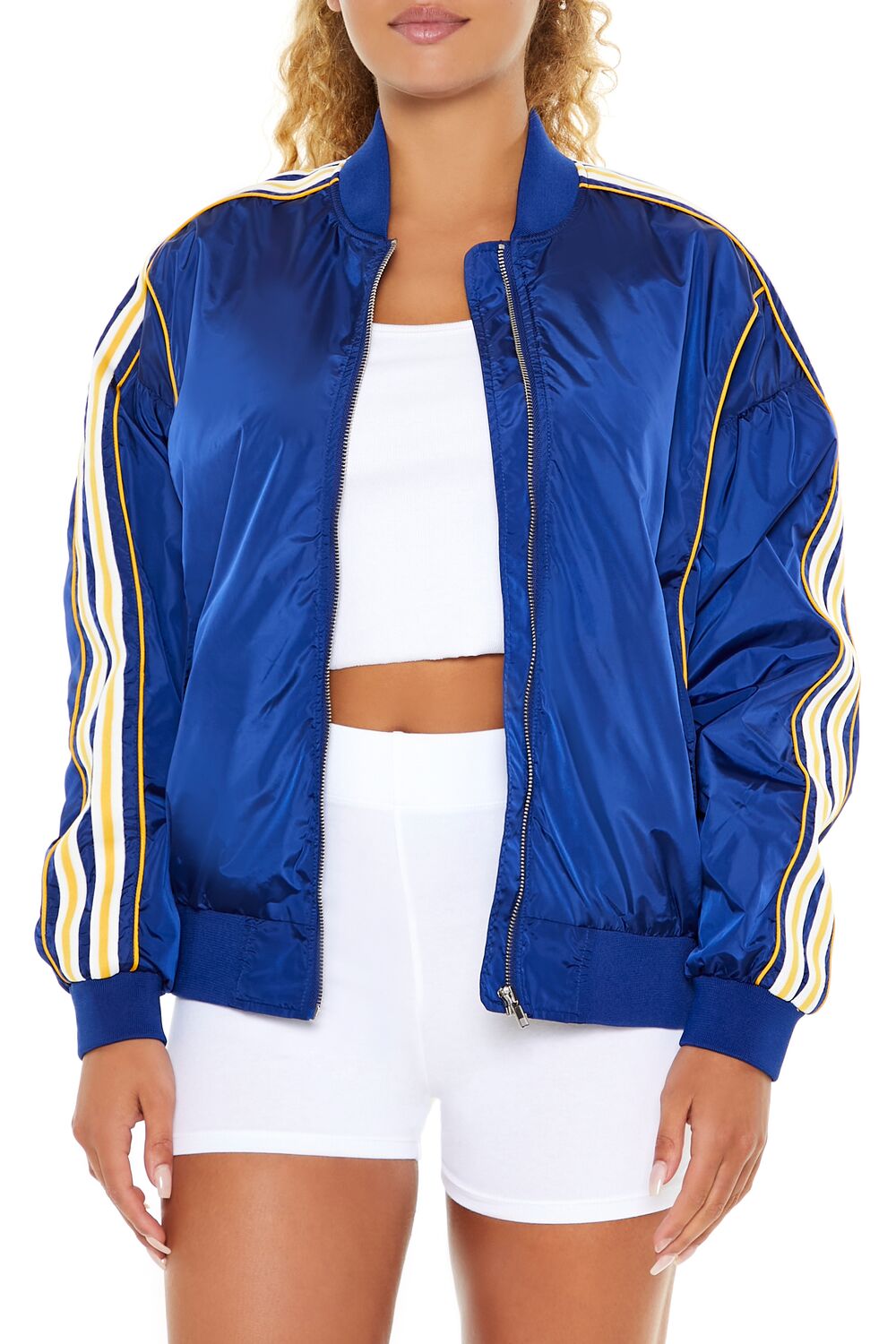  Forever 21 Varsity Zip-Up Bomber Jacket - dark-blue-swatch - Bonton