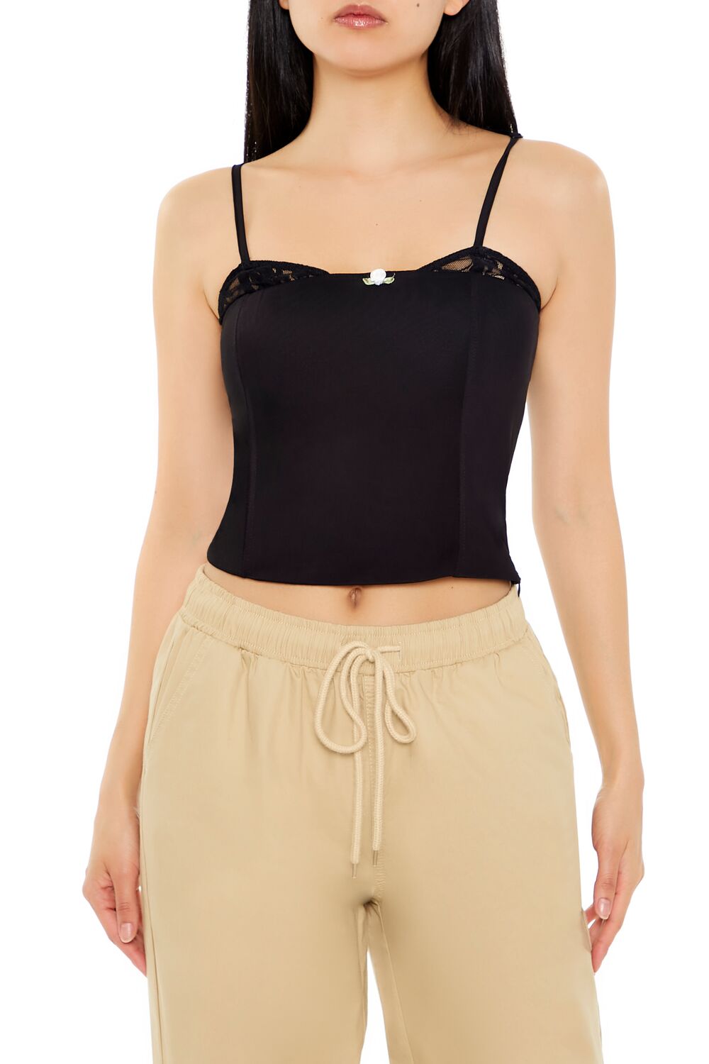  Forever 21 Lace-Trim Rosette Cropped Cami - black - Bonton