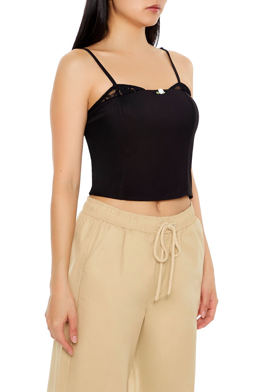  Forever 21 Lace-Trim Rosette Cropped Cami - black - Bonton