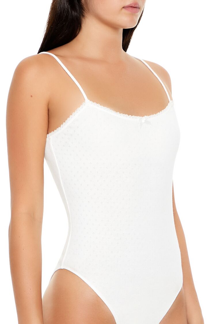  Forever 21 Pointelle Bow Cami Bodysuit - white - Bonton