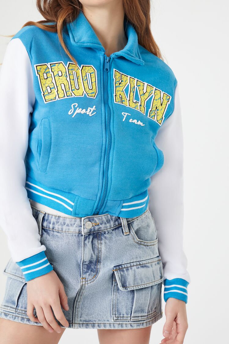  Forever 21 Brooklyn Zip-Up Bomber Jacket - blue-multi - Bonton