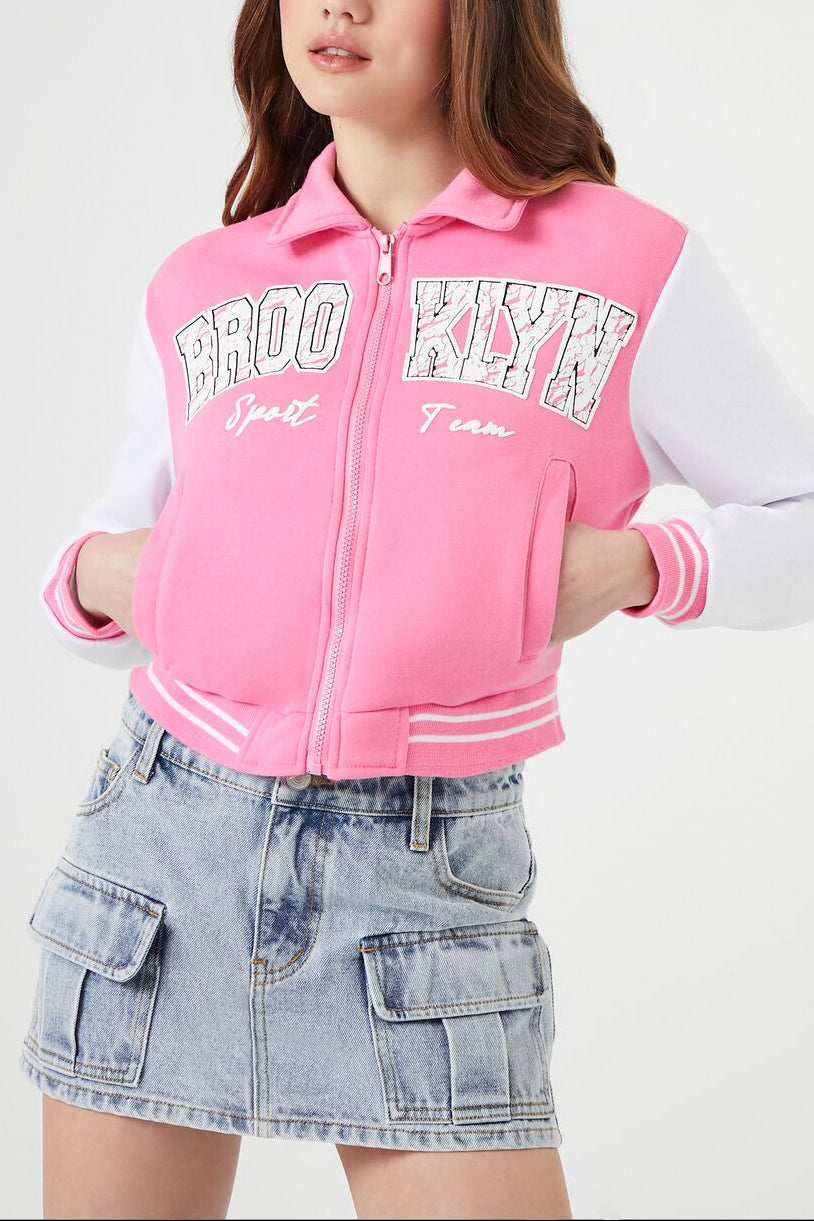  Forever 21 Brooklyn Zip-Up Bomber Jacket - blue-multi - Bonton