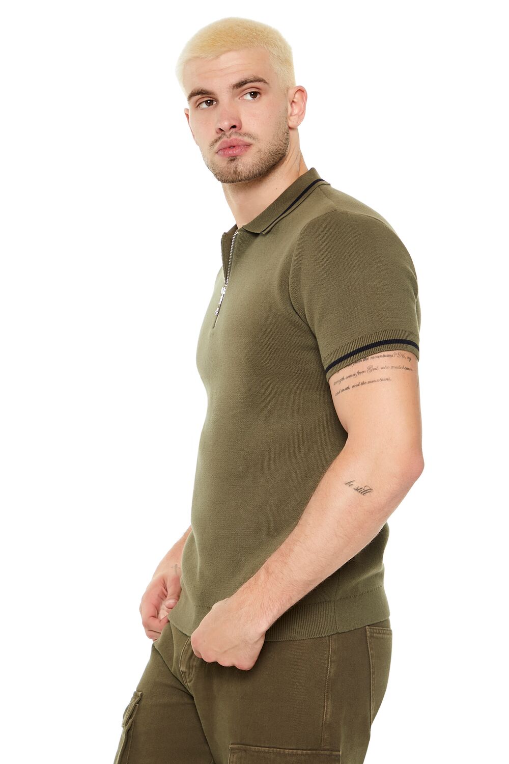  Forever 21 Sweater-Knit Zip-Up Shirt - olive black - Bonton
