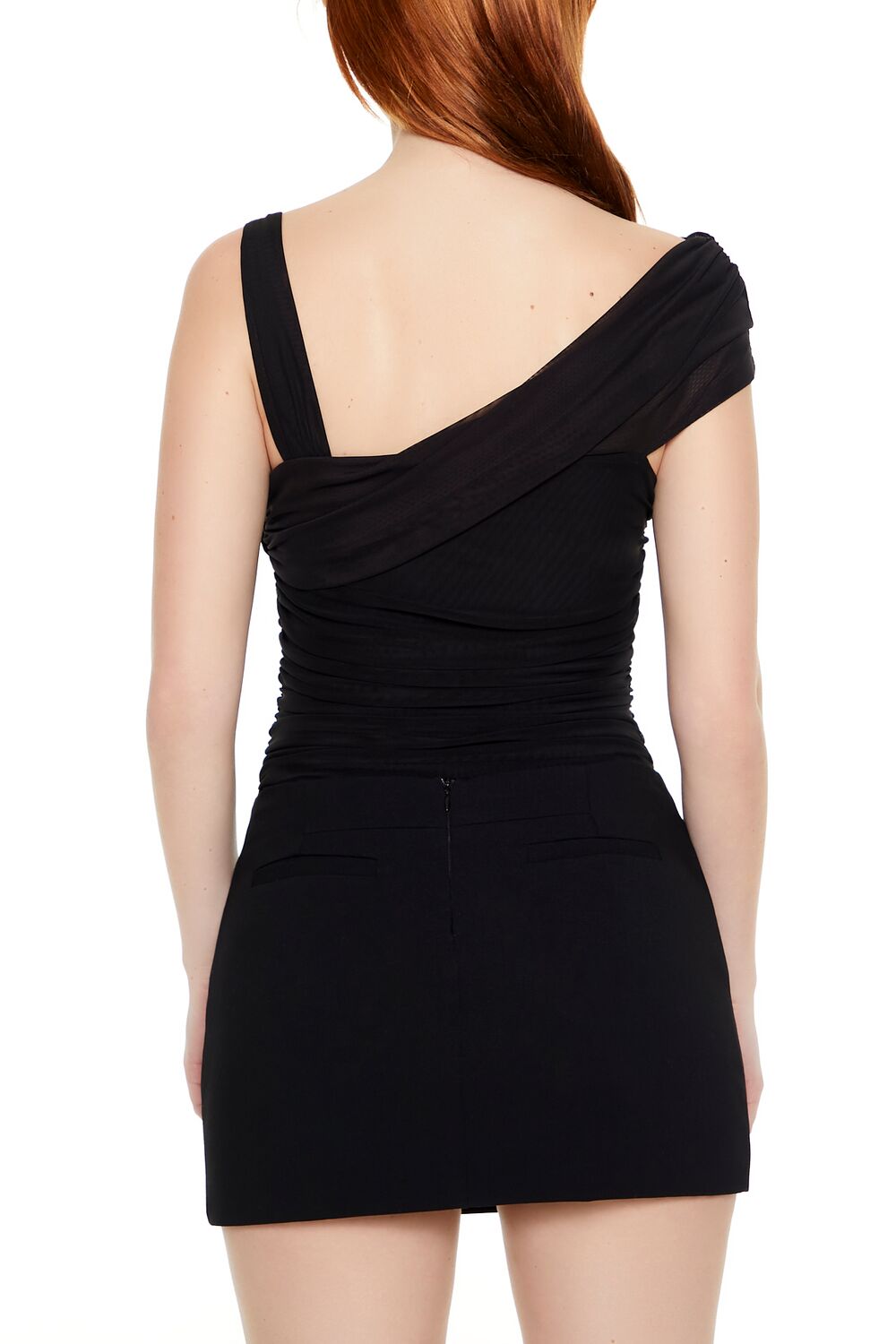  Forever 21 Asymmetrical Ruched Mesh Bodysuit - black - Bonton