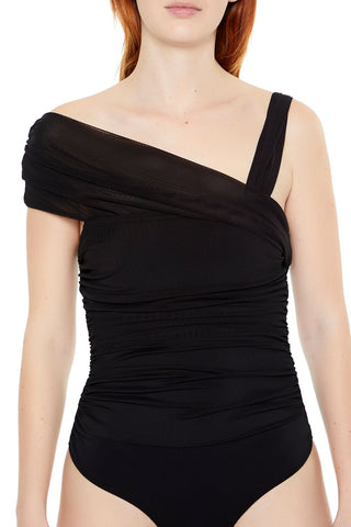 Asymmetrical Ruched Mesh Bodysuit