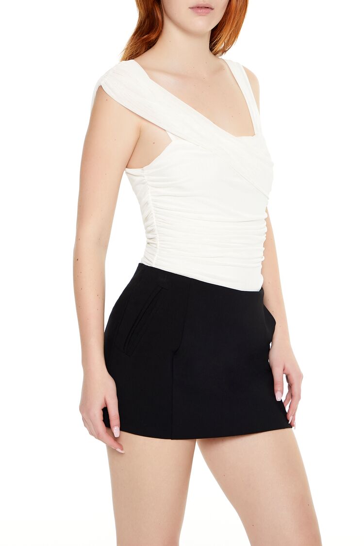  Forever 21 Asymmetrical Ruched Mesh Bodysuit - black - Bonton