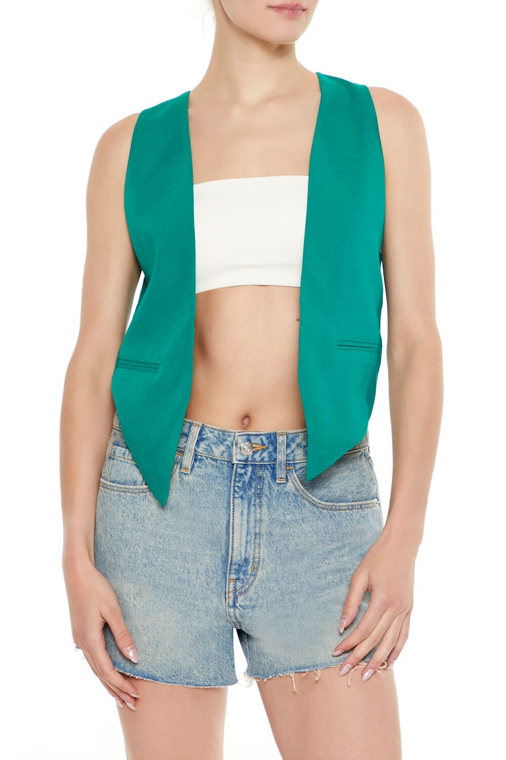  Forever 21 Open-Front Pointed-Hem Vest - jade - Bonton