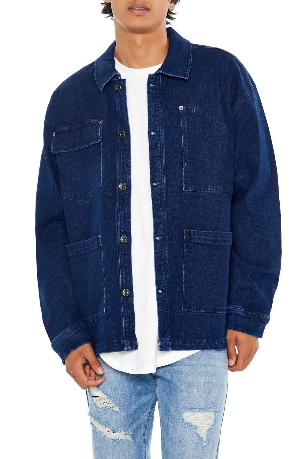  Forever 21 Denim Drop-Sleeve Shacket - medium-denim - Bonton
