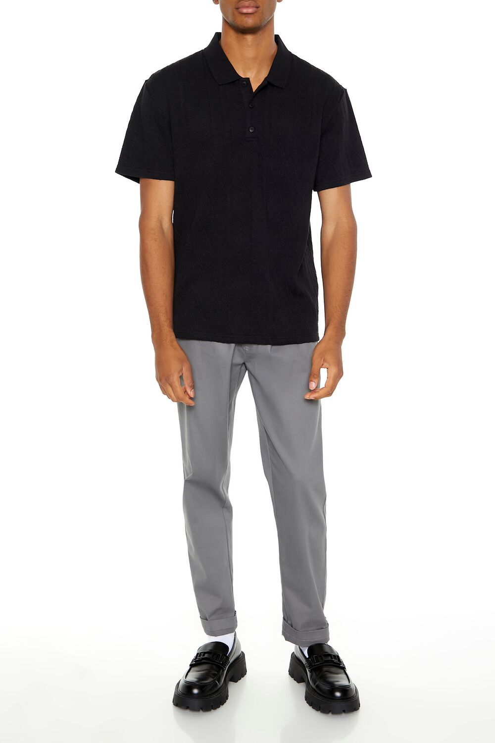  Forever 21 Textured Lace Polo Shirt - black - Bonton