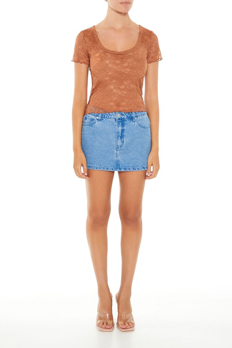  Forever 21 Sheer Lace Lettuce-Edge Tee - toffee - Bonton