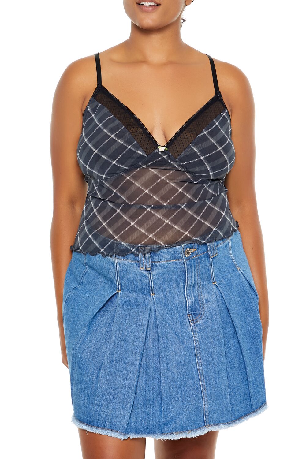  Forever 21 Plus Size Plaid Rosette Sheer Cami - black white - Bonton