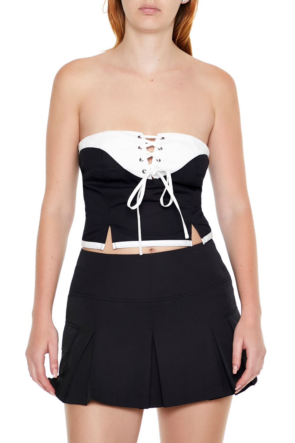  Forever 21 Colorblock Lace-Up Tube Crop Top - black multi - Bonton