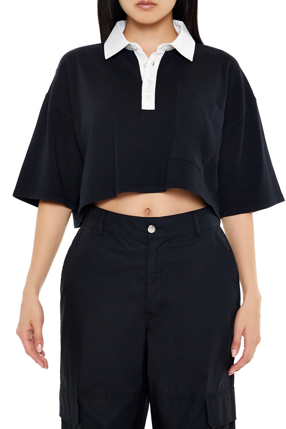  Forever 21 Cropped Rugby Shirt - black white - Bonton