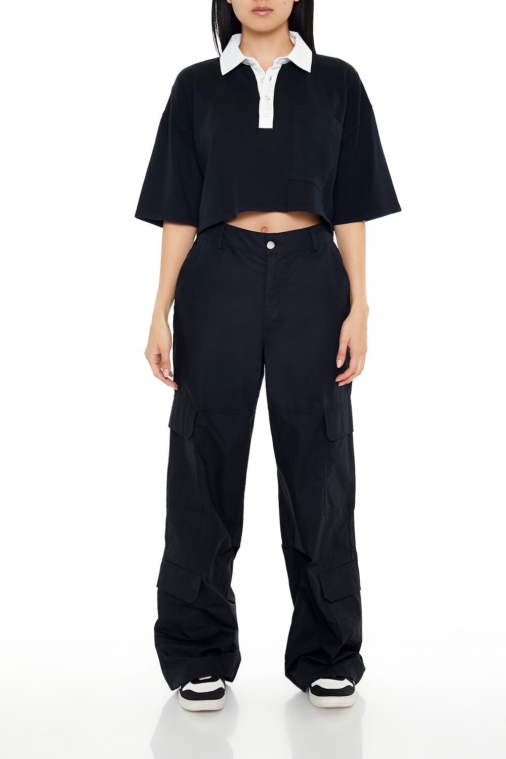  Forever 21 Cropped Rugby Shirt - black white - Bonton