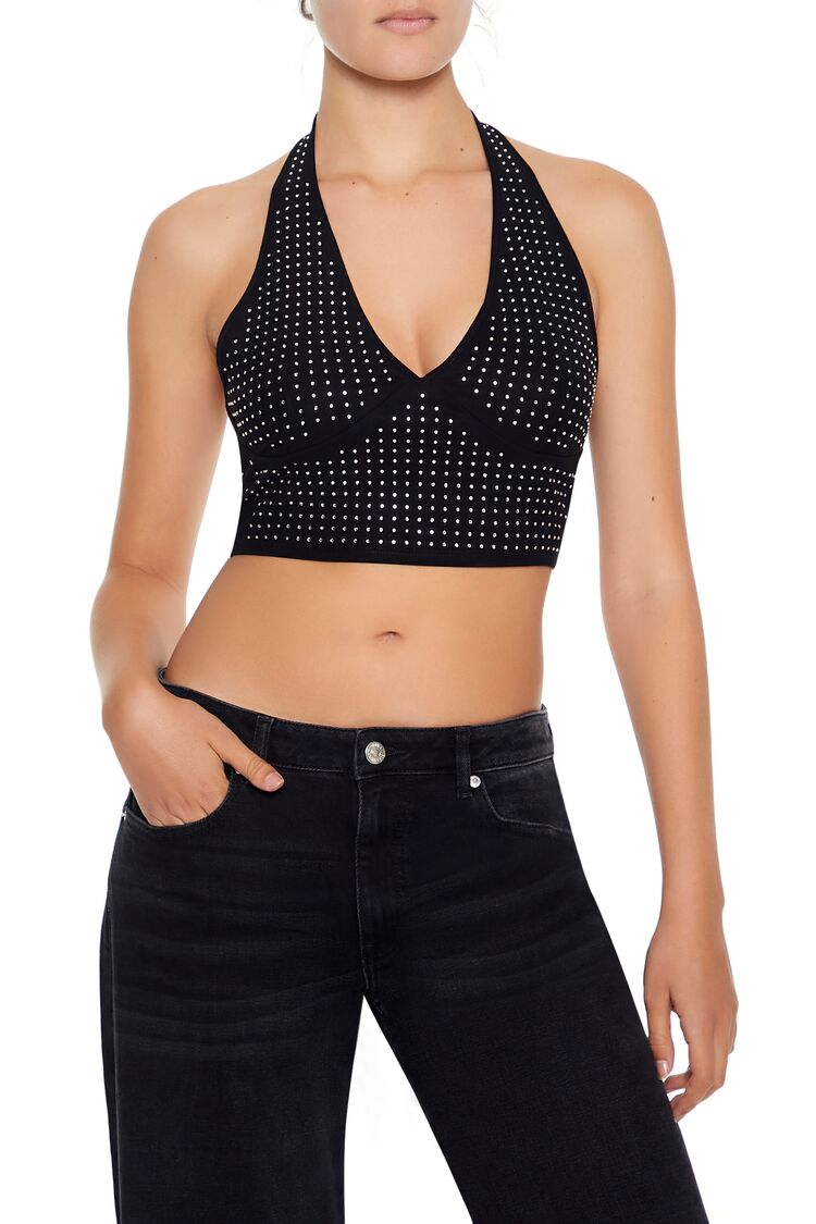  Forever 21 Sequin Halter Crop Top - black - Bonton