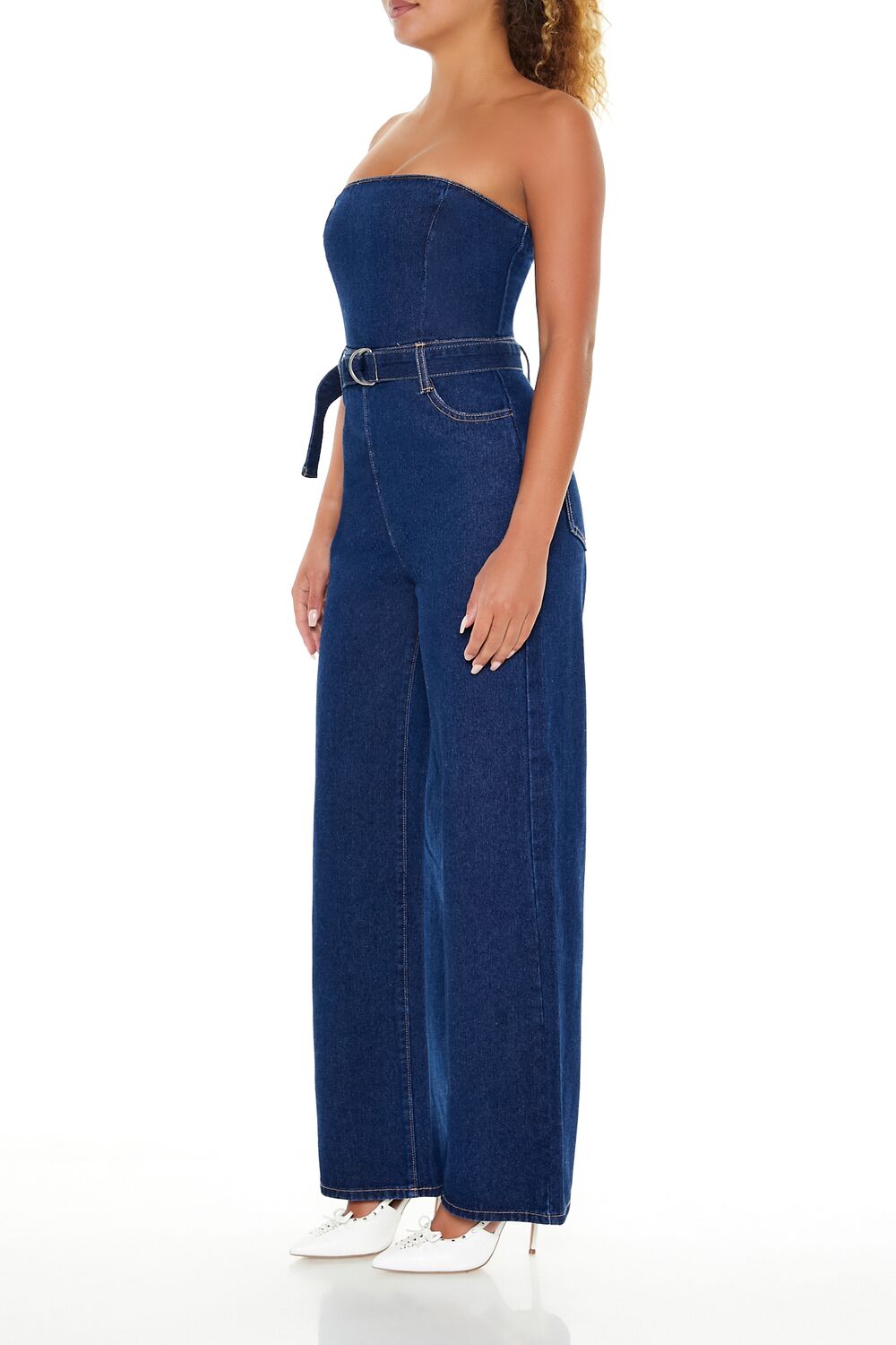  Forever 21 Belted Strapless Denim Jumpsuit - medium-denim - Bonton