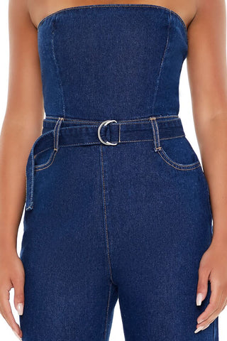 Belted Strapless Denim Jumpsuit