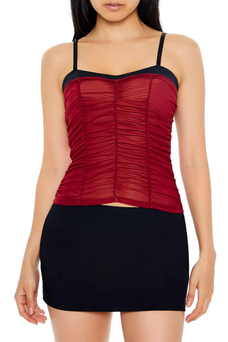  Forever 21 Ruched Mesh Colorblock Cami - cream black - Bonton