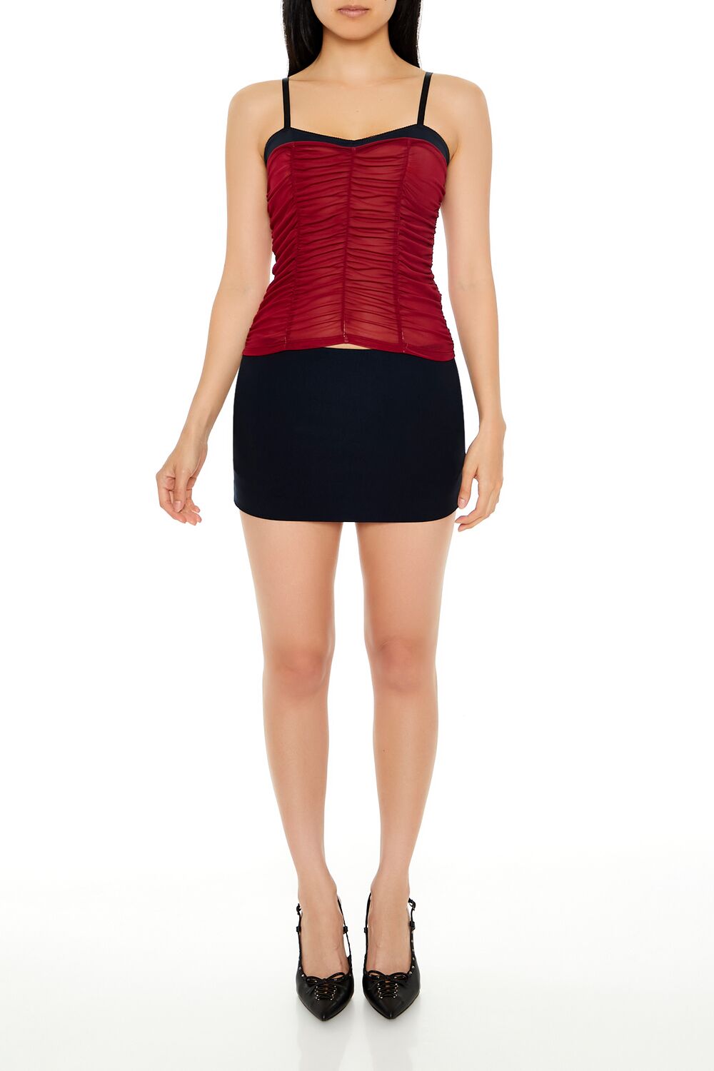  Forever 21 Ruched Mesh Colorblock Cami - cream black - Bonton