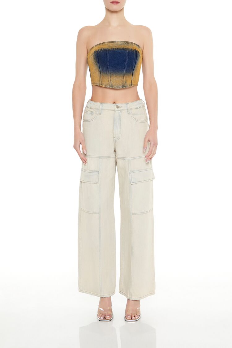  Forever 21 Sandblasted Denim Tube Crop Top - denim multi - Bonton