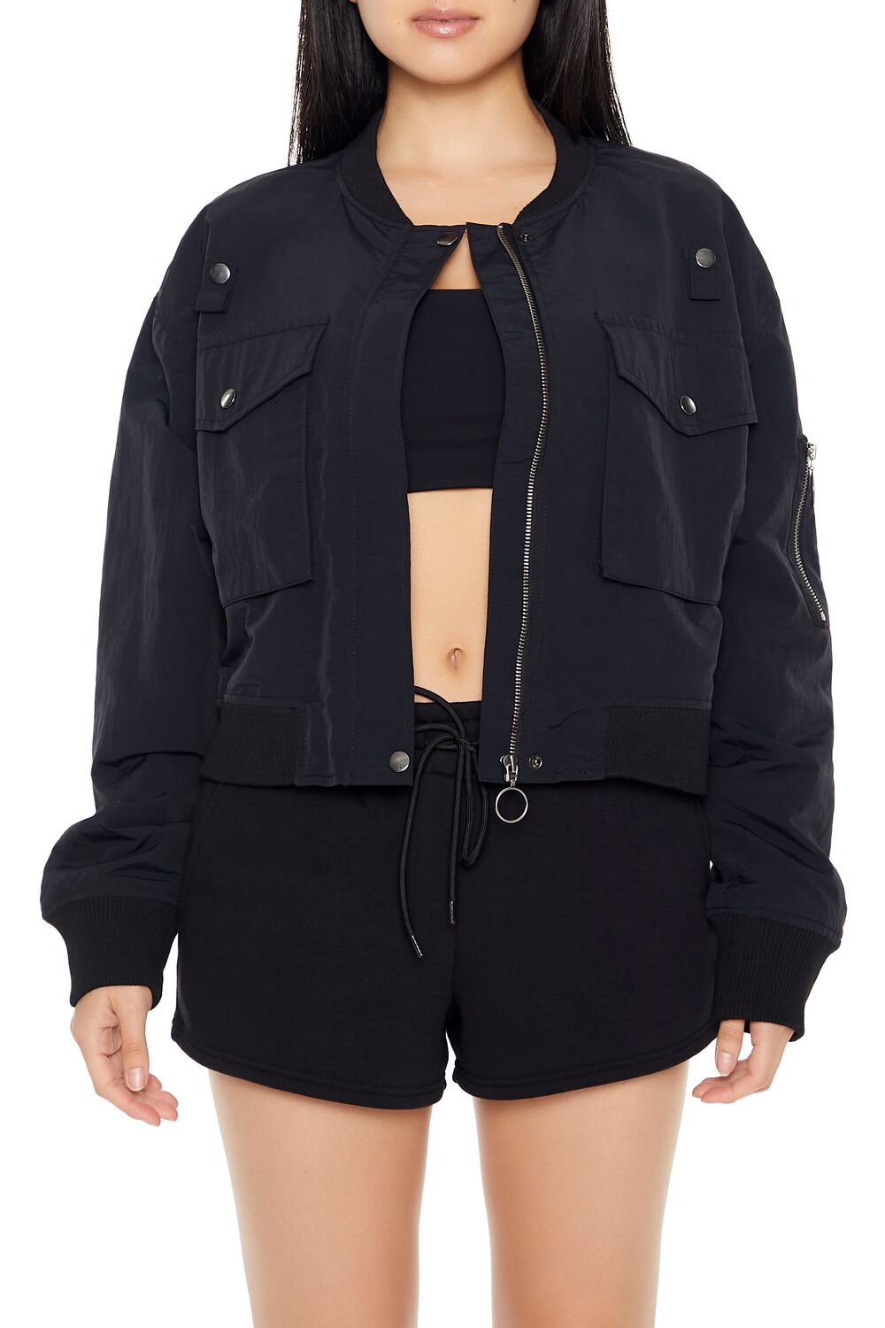  Forever 21 Zip-Up Cargo Bomber Jacket - black-swatch - Bonton