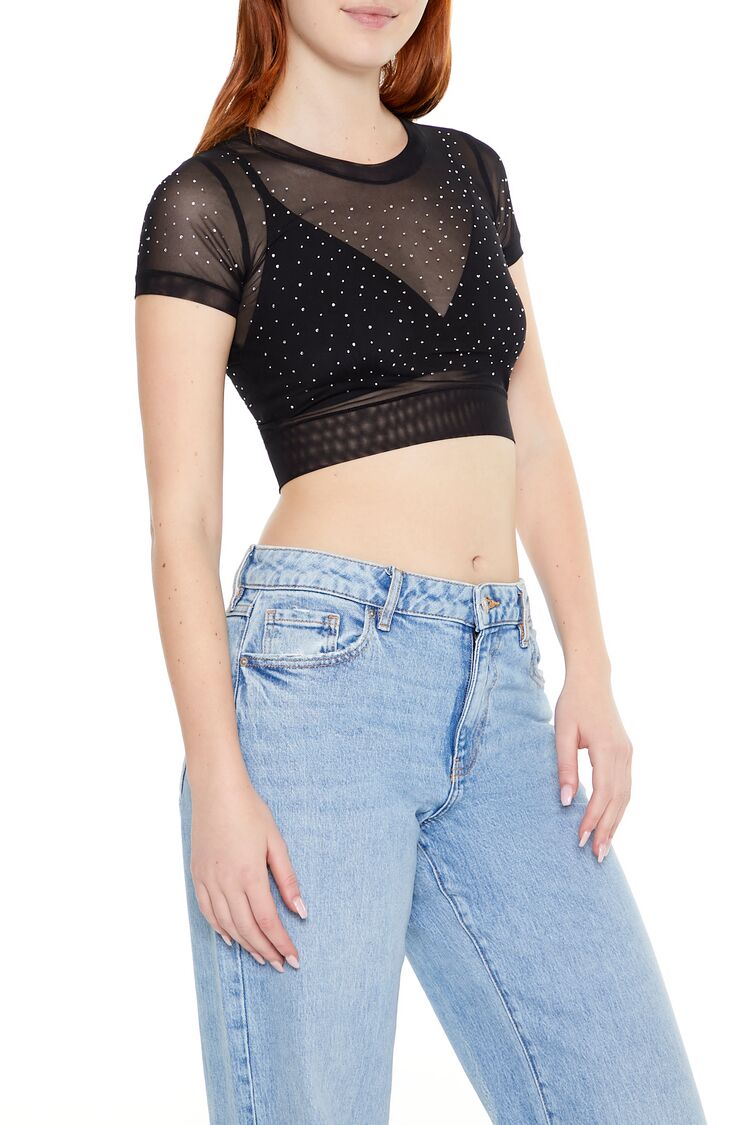  Forever 21 Cropped Mesh Rhinestone Tee - black - Bonton